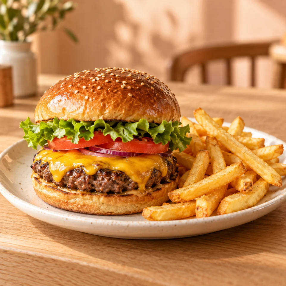 Temsili burger ve patates kızartması fotoğrafı